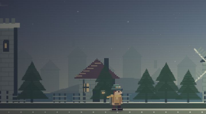 Early’s pixel traveller crossing a misty castle village, with pine trees and stone towers.