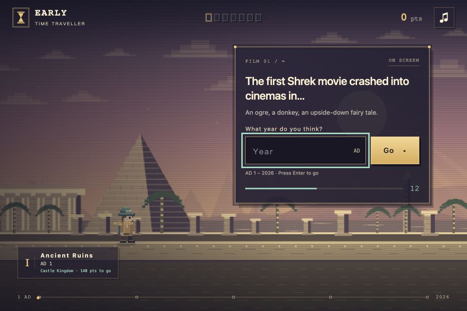 An actual question and pixel world from Early’s Movies year-guessing game.
