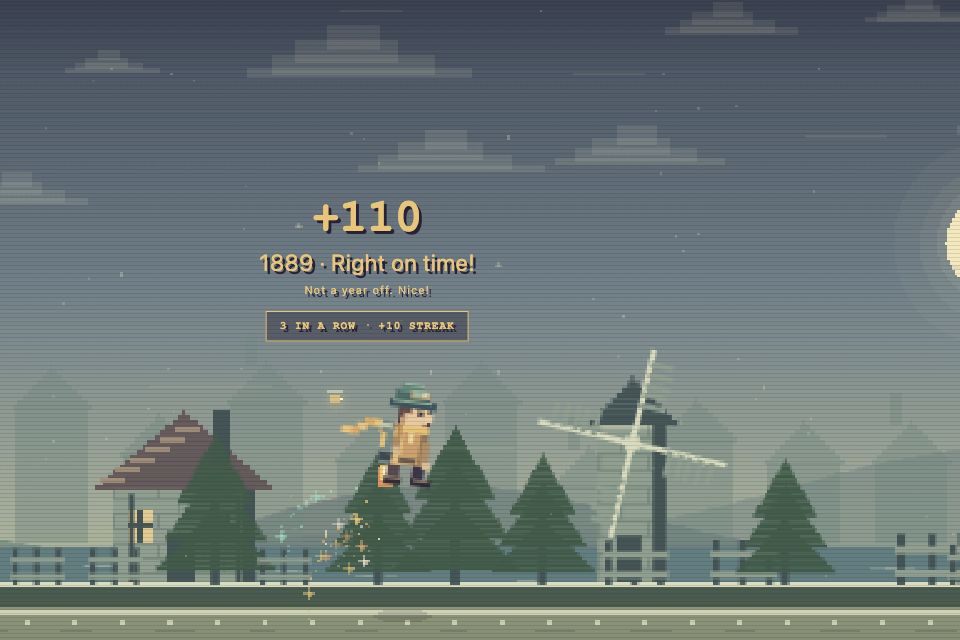 An actual Early Unlimited streak: the traveller takes flight after a third good answer, earning 100 accuracy points and a 10-point bonus.